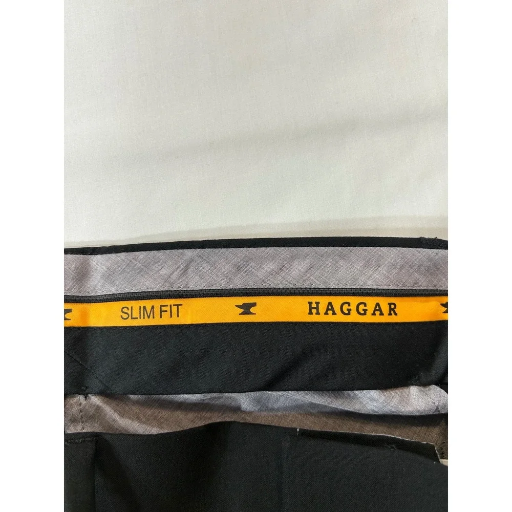Haggar Mens Slim Fit Dress Pants Black Flat Front Trousers 30x30